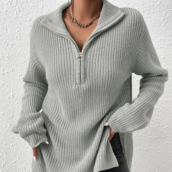 Casual zipper detailed Split Hem Sweater gray - Picture 5 of 5